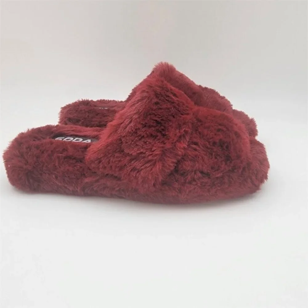 Women's Burgundy Faux Fur Slipper Fuzzy Warm Fluffy Slip On Slide Sandal - Picture 3 of 6